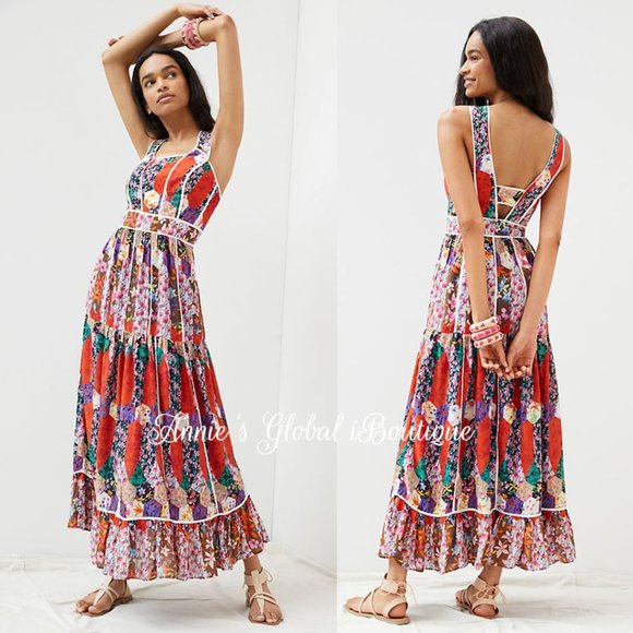 RARE NWT ANTHROPOLOGIE BHANUNI By JYOTI Square Neck Bohemian Maxi Dress. - Picture 4 of 16